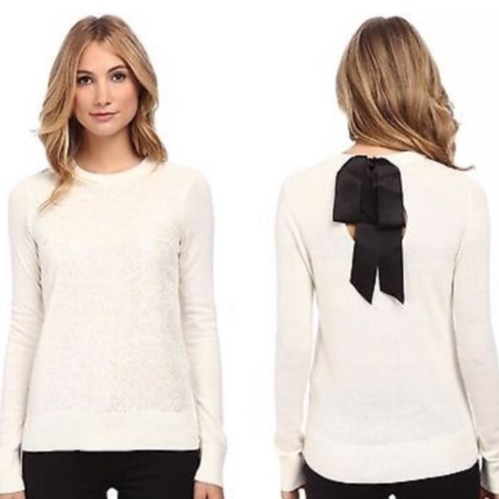 Kate Spade Sweater S Ivory Sequin Bow Back Keyhole Long Sleeve Pullover Knit